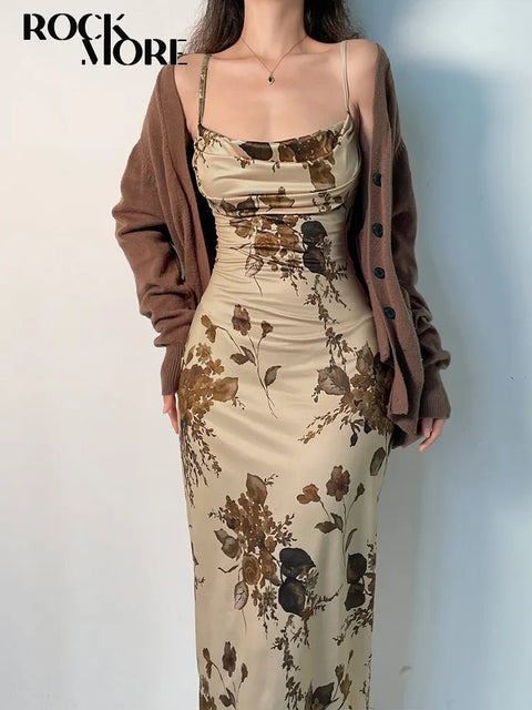 Midi Dress Women Y2K Vintage Fairycore Print Elegant Cocktail Party Casual Fashion Dress