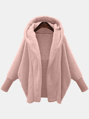 Fleece Hooded Jacket Women Solid Long Sleeve Loose Faux Fur Large Cardigan Warm Winter Outerwear