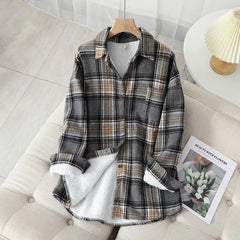 Velvet Plaid Flannel Jacket Women Thick Soft Warm Vintage Casual Fall Outerwear Fashion