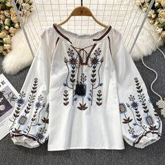 Lantern Sleeve Embroidered Blouse Women O-Neck Loose Fit Casual Elegant Fashion Top