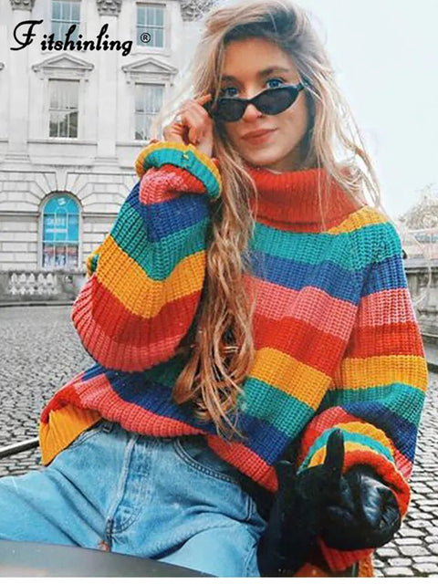 Turtleneck Sweater Women Long Sleeve Rainbow Stripe Knitted Pullover Jumper Warm Casual Fashion Top