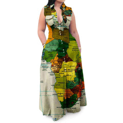 Women's Plus Size Map Print Sleeveless Dress Lapel Casual Maxi Long Dress (L-5XL)