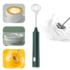 Green handheld milk frother with images of latte, whipped cream, and eggwhipped cream.