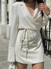 Shirt Dress Women Black Satin V-Neck Flare Sleeve Lace-Up Elegant Mini Party Spring Fall Fashion