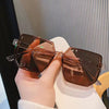 Brown sunglasses held by a hand with a blurred background