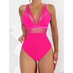 One-Piece Swimsuit Women Solid Deep V-Neck Removable Bra Pads Summer Beach Swimwear Bathing Suit
