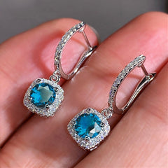 Hoop Earrings Women Cubic Zirconia Dangle White Gold Plated Princess Cut Square Halo CZ Charm