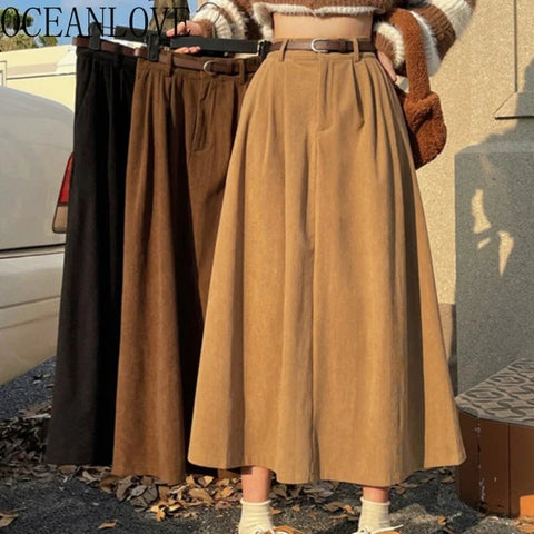 Skirt Women Corduroy A-Line Long Solid Preppy Retro Style Casual Autumn Winter Midi