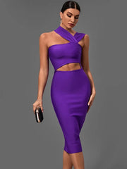 Midi Dress Women Purple Bandage Bodycon Cut Out Waist Halter Neck Stretchy Elegant Club Evening Party