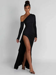 Women's Oblique Shoulder Thigh-High Split Maxi Dress Long Sleeve Half Backless Bodycon Sexy Wedding Prom Dress