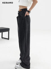 High Waist Wide Leg Jeans Women Black Baggy Vintage Streetwear Big Pocket Denim Trousers Fashion