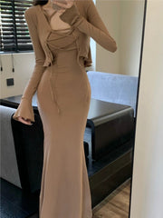 Bodycon Dress & Cardigan Set Women Elegant Strap 2-Piece Party Casual Chic Fashion Outfit