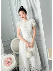 Midi Dress Women Flower Embroidered White Lace Short Sleeve Bow Pearl Bead Evening Prom Holiday Dress