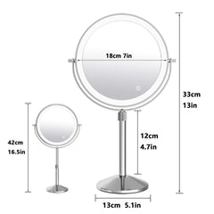 Measurement chart of a standing makeup mirror with dimensions labeled.