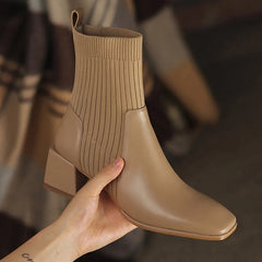 Ankle Boots Women Knitted Fabric Slip-On Square High Heel Short Shaft Casual Chic Fashion Shoes