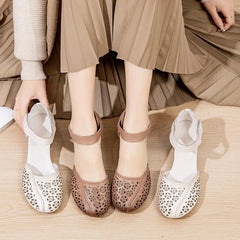 Sandals Women Retro Genuine Leather Hollow Out Breathable Round Toe Thick Heel Versatile Summer Shoes