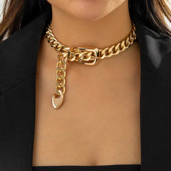 Choker Necklace Women Cuban Chunky Chain Punk Belt Buckle Vintage Heavy Metal Thick Short Fashion