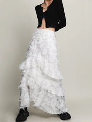 Midi Skirt Women White Irregular Tassel Tiered A-Line High Elastic Waist Layered Casual Fashion