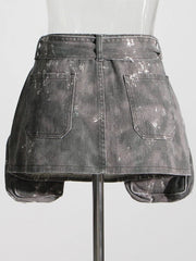 Mini Skirt Women High Waist A-Line Patchwork Lace-Up Camouflage Denim Short Casual Street Style