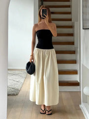 Maxi Dress Women Patchwork Strapless Contrast Color A-Line High Waist Sleeveless Long Party Dress