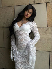 Maxi Dress Women Elegant Lace Sheer V-Neck Long Sleeve Hollow Out Slim Chic Summer Party Dress