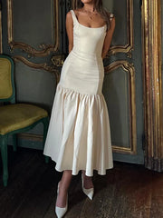 Ruffled Patchwork Midi Dress New Fashion Slim High Waist Backless Pleated Sleeveless Long Dress