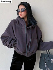 Hoodie Women Solid Fleece Long Sleeve Cropped Oversized Comfy Streetwear Pullover Casual Fashion