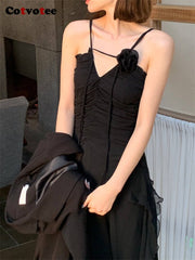 Hollow Out Midi Dress Women Black Sleeveless Elegant Evening Party Casual Fashion Dress