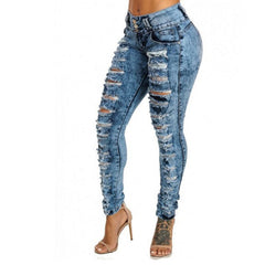 High Waist Ripped Distressed Pencil Jeans Women Blue Casual Denim Fashion Trousers