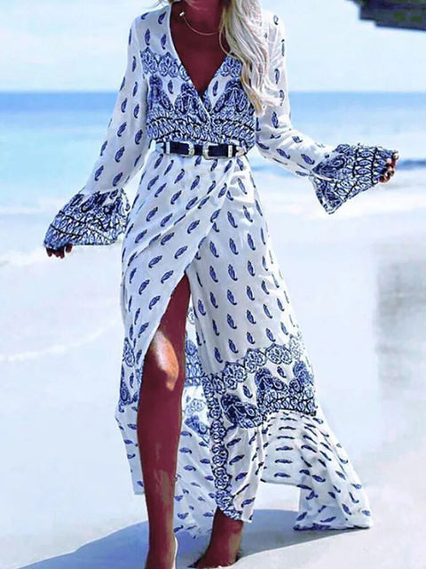 Maxi Dress Women Bohemian Print Wrap Flare Sleeve Split Beach Vintage Casual Summer Fashion Dress