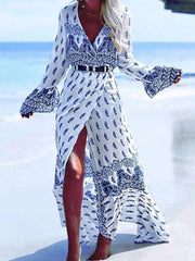 Maxi Dress Women Bohemian Print Wrap Flare Sleeve Split Beach Vintage Casual Summer Fashion Dress