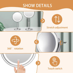 Bathroom mirror with stretch adjustment, 360° rotation, and touch switch features.
