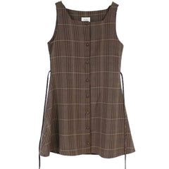 Vest Dress & Shirt Set Women Cute Mini Sleeveless Retro Vintage Button Plaid Casual Fashion
