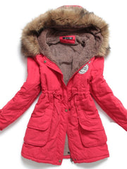 Military Style Coat Women Cotton Wadded Hooded Fur Warm Winter Casual Outerwear Fashion