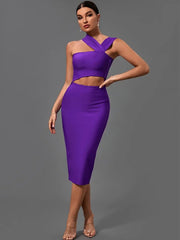 Midi Dress Women Purple Bandage Bodycon Cut Out Waist Halter Neck Stretchy Elegant Club Evening Party