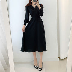 Puff Sleeve A-Line Maxi Dress Women Solid V-Neck Elegant Casual Party Fashion Dress