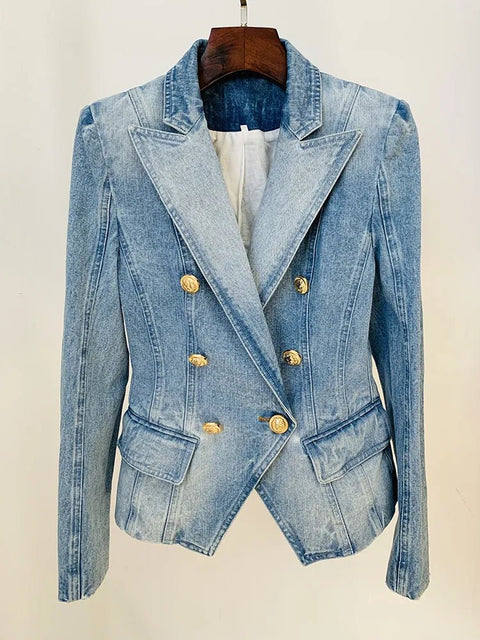 Denim Blazer Women Slim Fit Double Breasted Gold Lion Button Jean Jacket Chic Fashion Outerwear