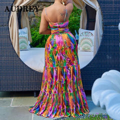 Maxi Dress Women Plus Size Flower Print Sleeveless Backless Boho Casual Summer Beach Party Dress