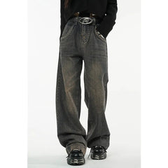 Jeans Women Vintage Dark Blue High Waist Straight Baggy Wide Leg American Streetwear Denim Trousers