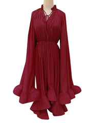 Maxi Dress Women V-Neck Cloak Sleeve High Waist Ruffle Irregular Hem Elegant Casual Summer Dress