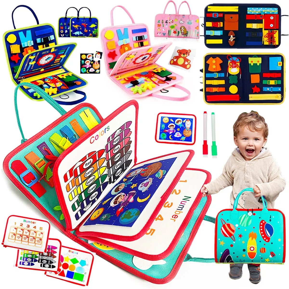 A collection of colorful Montessori-style busy board toys designed for toddlers, featuring various interactive elements such as zippers, buttons, and buckles, presented in a portable form suitable for travel.