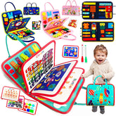 A collection of colorful Montessori-style busy board toys designed for toddlers, featuring various interactive elements such as zippers, buttons, and buckles, presented in a portable form suitable for travel.