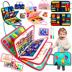 A collection of colorful Montessori-style busy board toys designed for toddlers, featuring various interactive elements such as zippers, buttons, and buckles, presented in a portable form suitable for travel.
