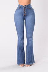 High Waist Flare Jeans Women Skinny Bell Bottom Multi Button Denim Casual Fashion Trousers