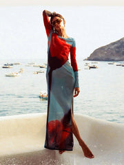 Maxi Dress Women Sheer Mesh Rose Print Long Sleeve Side Split Skinny Stretchy Bodycon Summer Boutique