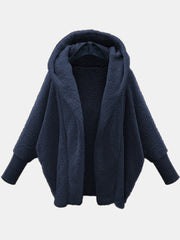 Fleece Hooded Jacket Women Solid Long Sleeve Loose Faux Fur Large Cardigan Warm Winter Outerwear