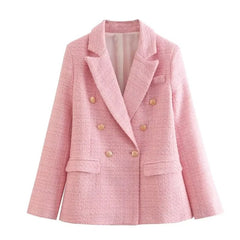 Double Breasted Blazer Women Button-Up Casual Coat Chic Elegant Office Fashion Jacket