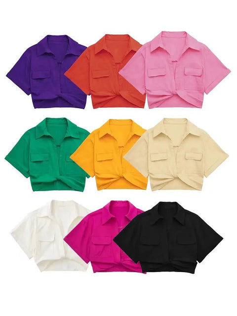 Set of colorful short-sleeve button-up shirts arranged in a grid on a white background.