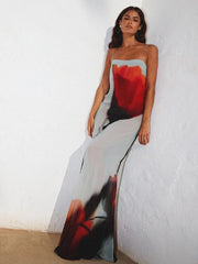 Maxi Dress Women Spaghetti Strap Floral Print Backless Chic Sheer Beach Holiday Summer Casual Dress