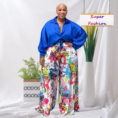 Pant Set Women Plus Size 2-Piece Long Sleeve Top Wide Leg Pants Casual Matching Suit Outfit
